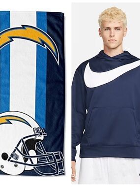 Men's Navy Blue Athletic Hoodie with White Swoosh & NFL Beach Towel